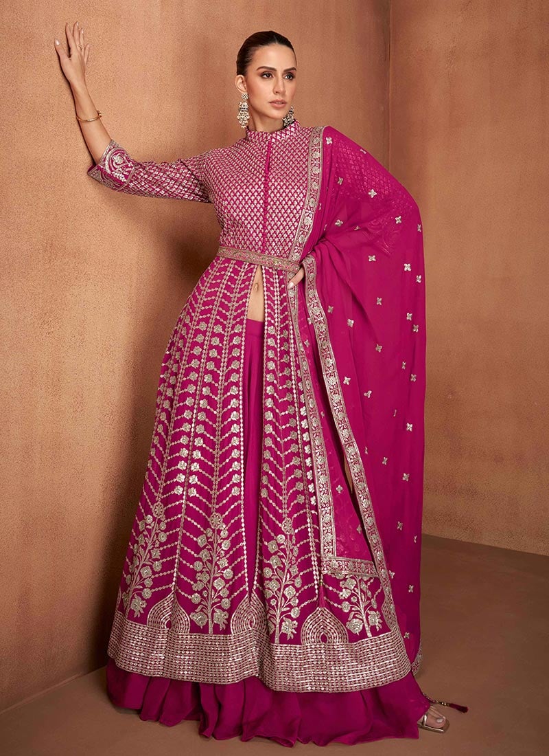 Graceful Pink Georgette Anarkali Lehenga Adorned With Embroidered Sequins Wedding Wear