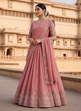 Graceful Pink Georgette Embroidered Thread A Line Lehenga