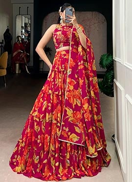 Graceful Pink Georgette Floral Print Umbrella Lehenga