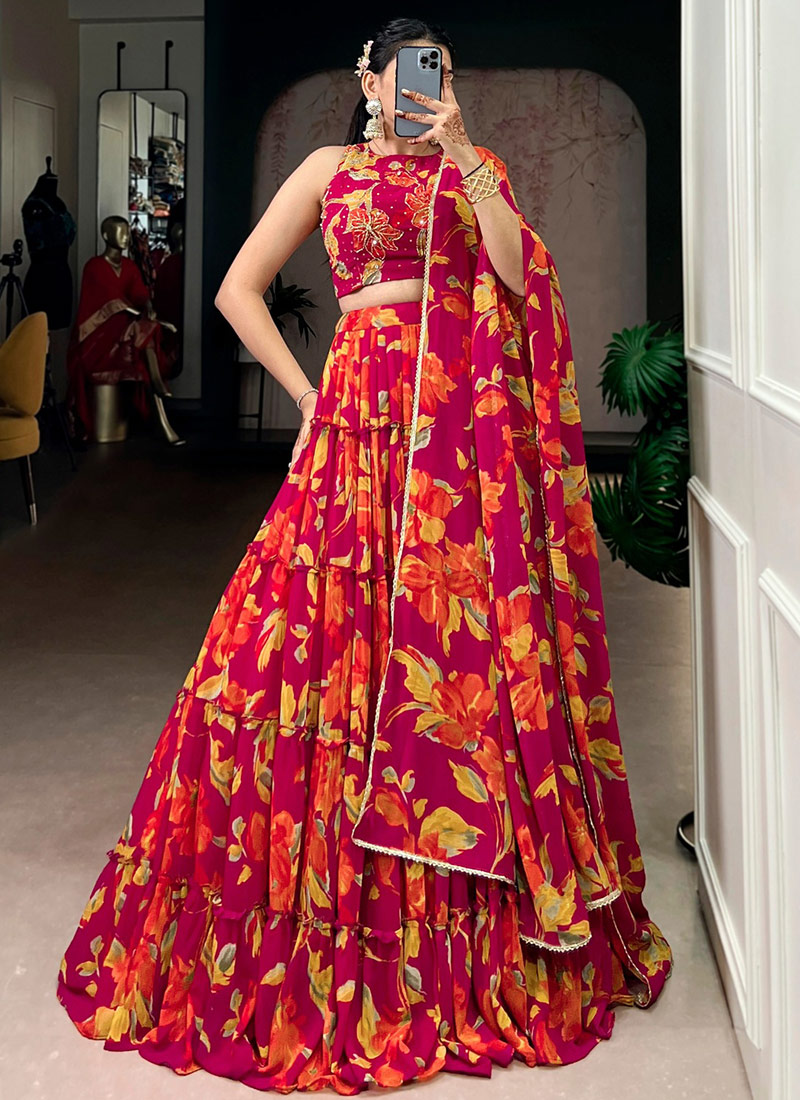 Graceful Pink Georgette Floral Print Umbrella Lehenga Festive Wear