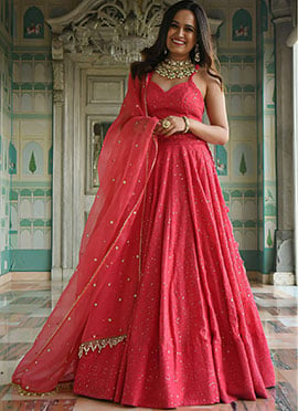 Graceful Pink Georgette Sequins Thread Embroidered Umbrella Lehenga with Pearl Lace Border