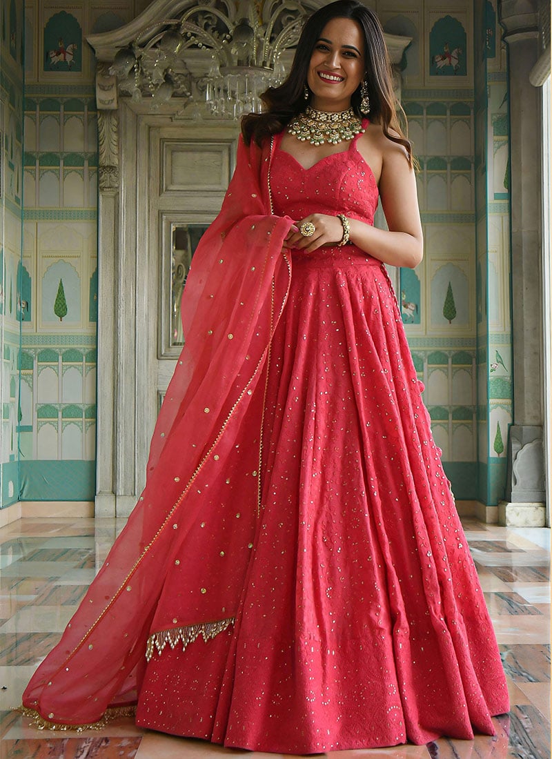 Graceful Pink Georgette Sequins Thread Embroidered Umbrella Lehenga with Pearl Lace Border After Six Wear