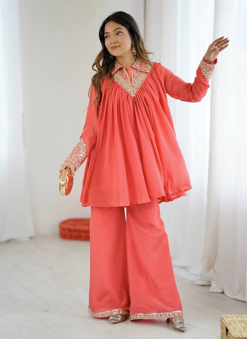 Graceful Pink Heavy Chinon Embroidery Sequence Work Kurta Palazzo Set After Six Wear