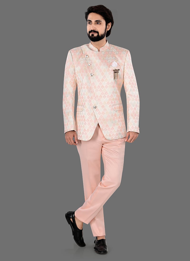 Graceful Pink Jacquard Bandhgala Suit Wedding Wear