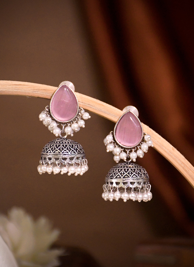 Graceful Pink Kundan Beads Oxidised Jhumka Festive Wear