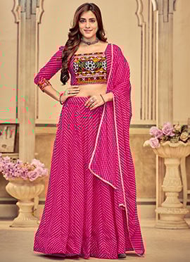 Graceful Pink Lehariya Printed Embroidered Faux Georgette Chaniya Choli