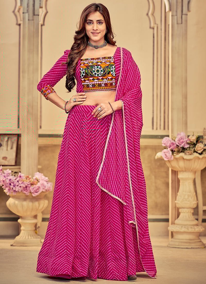 Graceful Pink Lehariya Printed Embroidered Faux Georgette Chaniya Choli Festive Wear