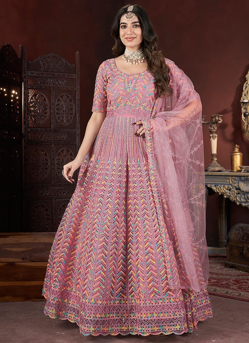 Graceful Pink Net Zarkan Embroidered A Line Anarkali Suit Wedding Wear