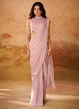 Graceful Pink Organza Pre Drape Saree With Hand Work Blouse