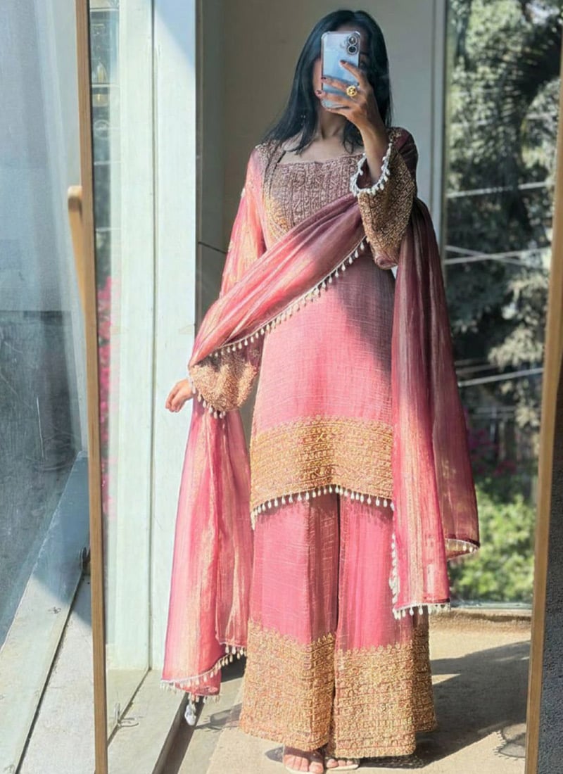 Graceful Pink Organza Silk Embroidered Zari Thread Palazzo Suit Festive Wear