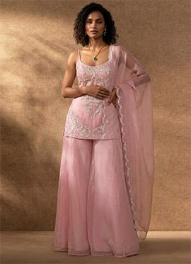 Graceful Pink Organza Zari Sequins Palazzo Suit