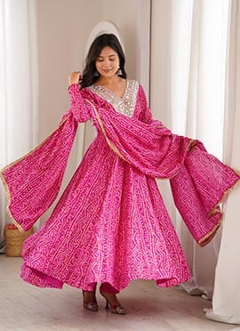 Graceful Pink Rayon Bandhani Mirror Work Anarkali Suit