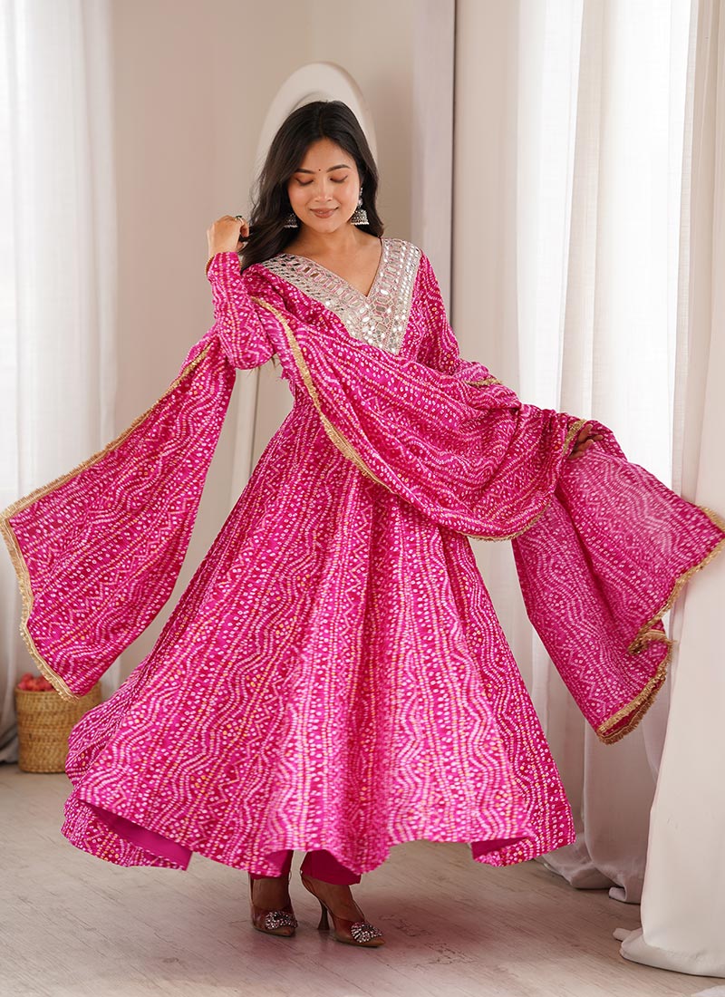 Graceful Pink Rayon Bandhani Mirror Work Anarkali Suit Festive Wear