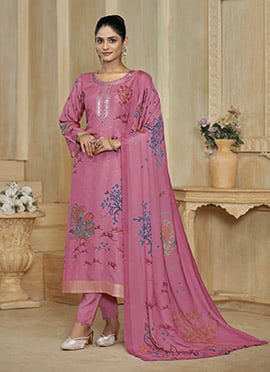 Graceful Pink Silk Digital Print Jacquard Embroidered Straight Pant Suit