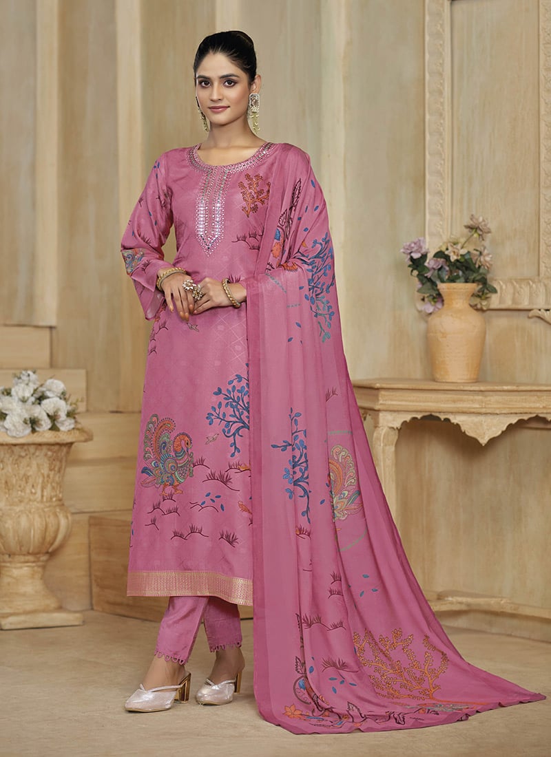 Graceful Pink Silk Digital Print Jacquard Embroidered Straight Pant Suit After Six Wear