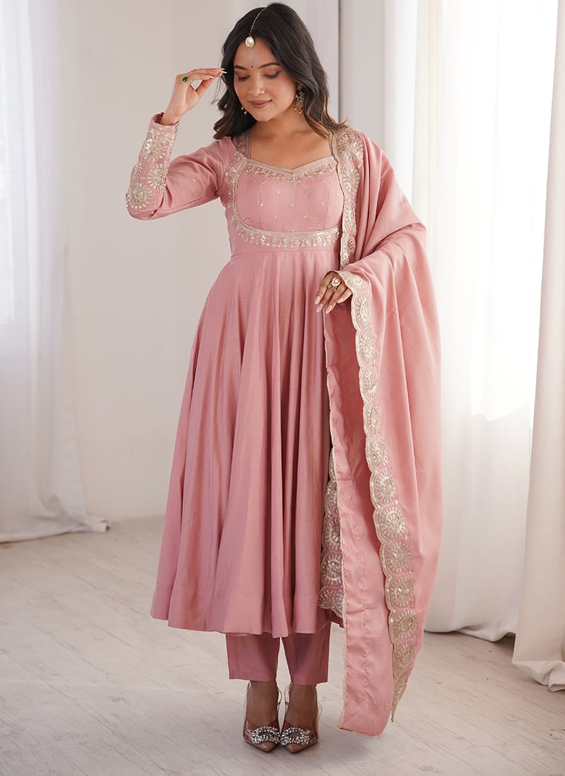 Graceful Pink Silk Embroidered Sequins Anarkali Suit After Six Wear