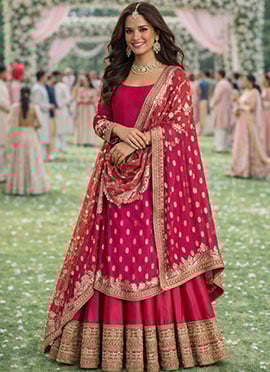 Graceful Pink Silk Embroidered Sequins Zari Jacquard Anarkali Suit