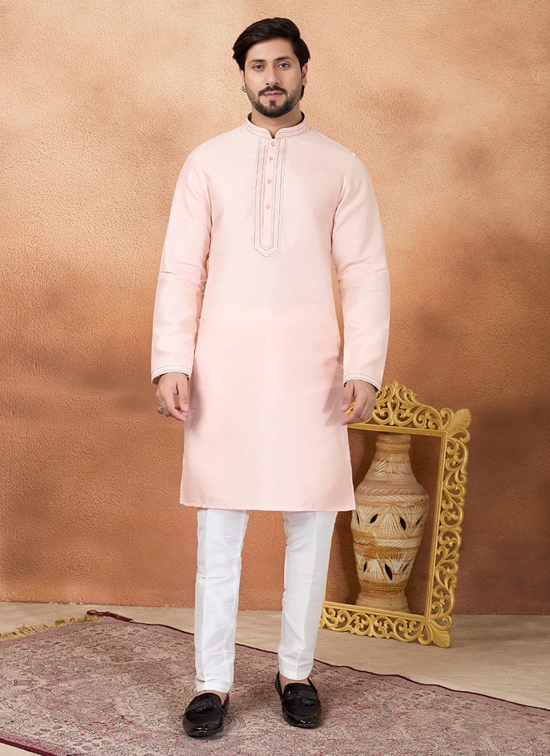 Graceful Pink Silk Kurta Pyjama Festive Wear