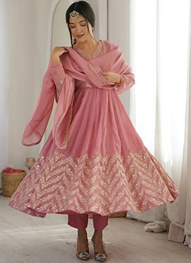 Graceful Pink Silk Sequins Anarkali Suit