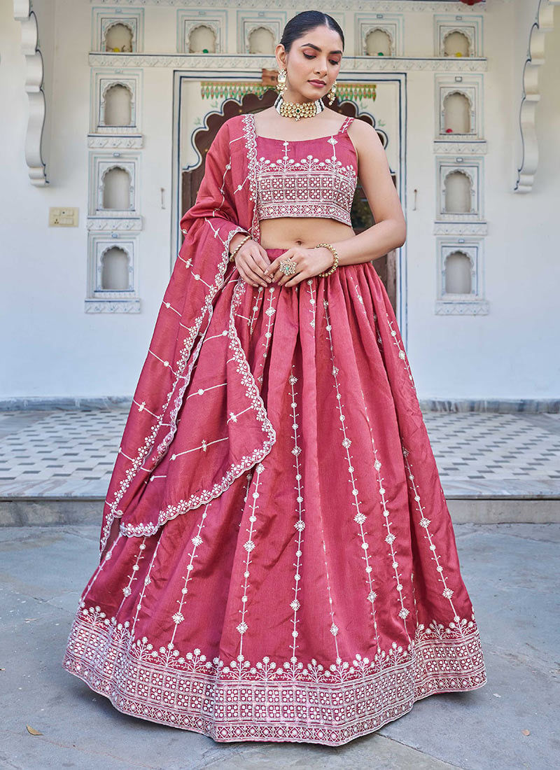 Graceful Pink Silk Thread Sequence Work Umbrella Lehenga After Six Wear