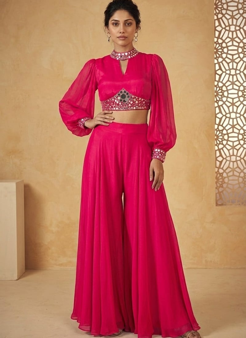 Graceful Pink Silk Zari Mirror Work Indo Western Set Wedding Wear