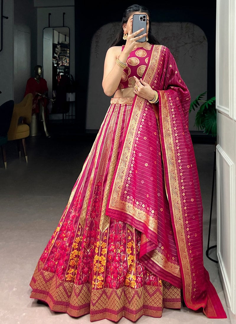 Graceful Pink Silk Zari Woven Umbrella Lehenga Festive Wear