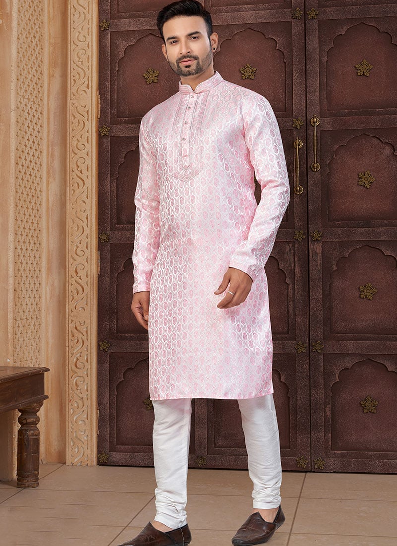 Graceful Pink Soft Banarasi Jacquard Stone Work Kurta Pyjama Festive Wear