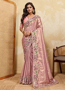 Graceful Pink Soft Kanjivaram Silk Beads Embroidered Zari Sequins Thread Saree