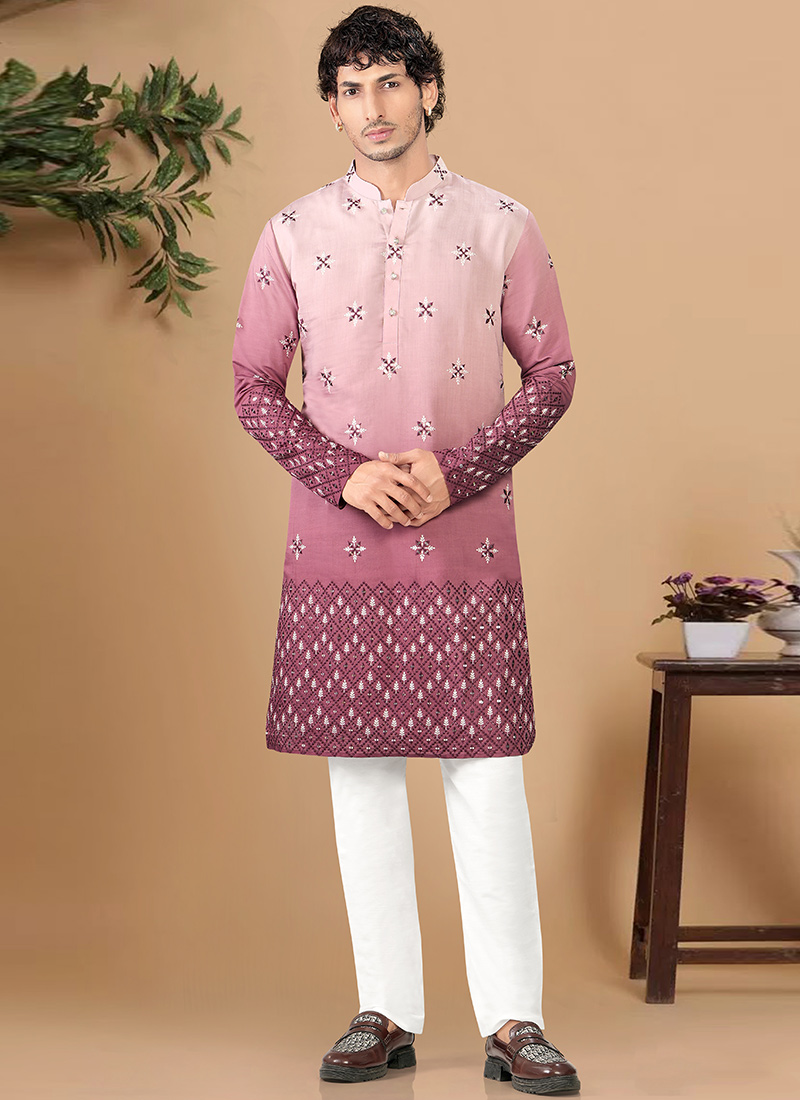 Graceful Pink Soft Silk Embroidered Kurta Pyjama Festive Wear