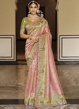 Graceful Pink Soft Silk Zari Weaving Heavy Thread Embroidery Khatli Work Saree