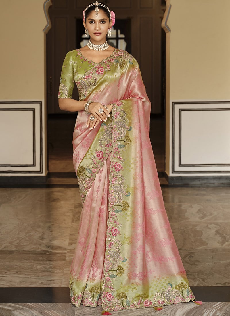 Graceful Pink Soft Silk Zari Weaving Heavy Thread Embroidery Khatli Work Saree Wedding Wear