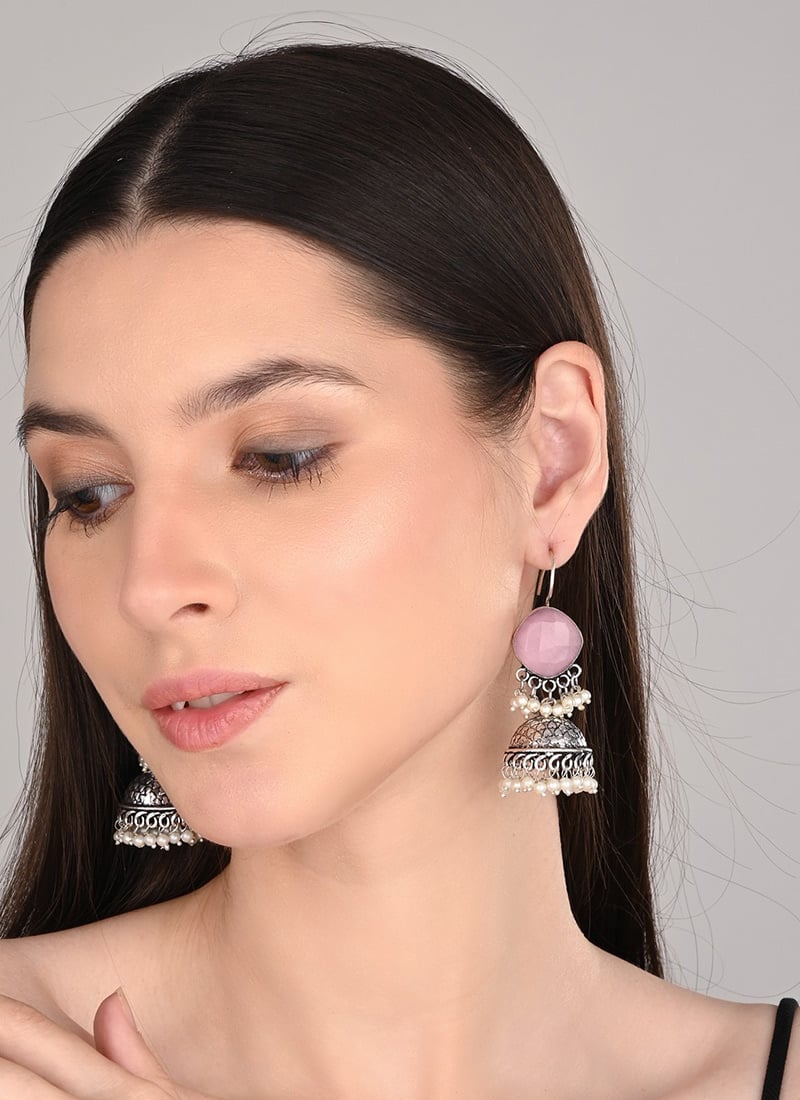 Graceful Pink Stone Pearl Jhumka After Six Wear