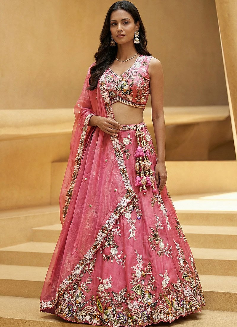 Graceful Pink Tissue Embroidered Umbrella Lehenga Wedding Wear