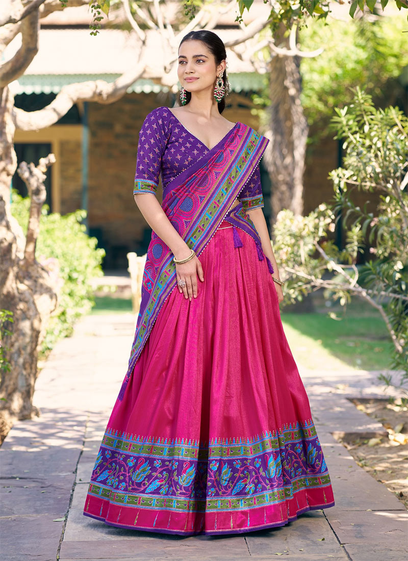 Graceful Pink Tussar Silk Printed Umbrella Lehenga Festive Wear
