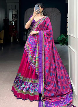 Graceful Pink Tusser Silk Patola Print Umbrella Lehenga
