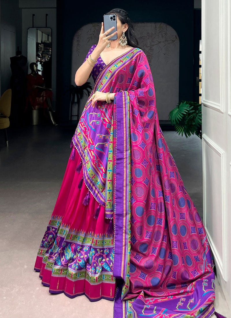 Graceful Pink Tusser Silk Patola Print Umbrella Lehenga Festive Wear