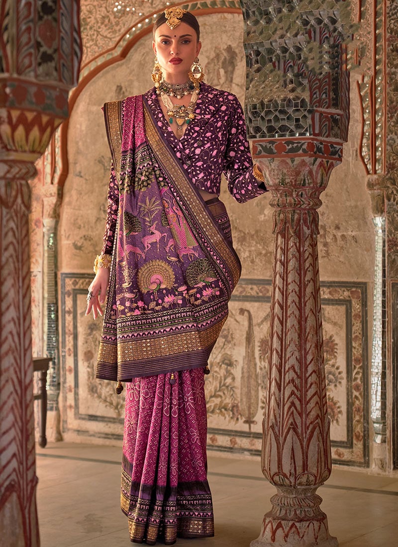 Graceful Pink Viscose Silk Saree With Traditional Rajwadi Motifs Print Festive Wear