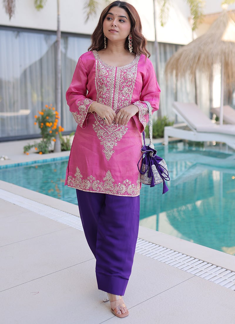 Graceful Pink Viscose Zari Sequins Embroidered Kurta Farshi Set Festive Wear