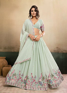 Graceful Pista Georgette Embroidery Work Umbrella Lehenga