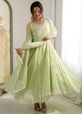 Graceful Pista Green Faux Georgette Embroidered Sequins Moti Anarkali Suit
