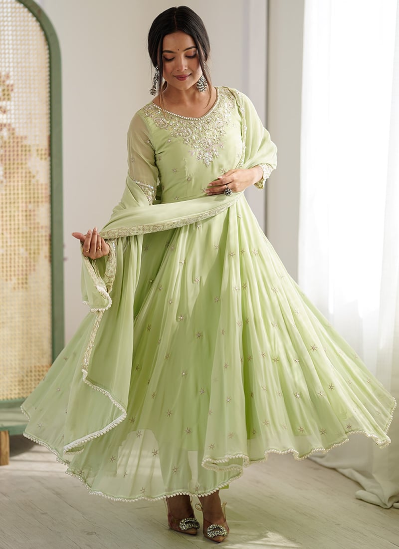 Graceful Pista Green Faux Georgette Embroidered Sequins Moti Anarkali Suit Festive Wear