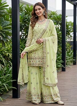 Graceful Pista Green Faux Georgette Embroidered Sequins Sharara Suit