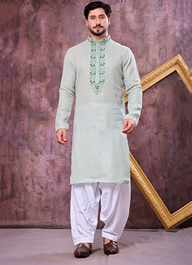 Graceful Pista Green Linen Cotton Embroidered Kurta Pyjama