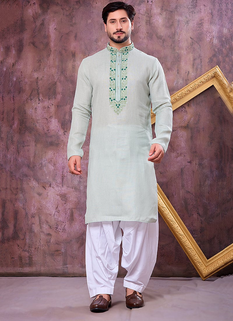 Graceful Pista Green Linen Cotton Embroidered Kurta Pyjama Festive Wear