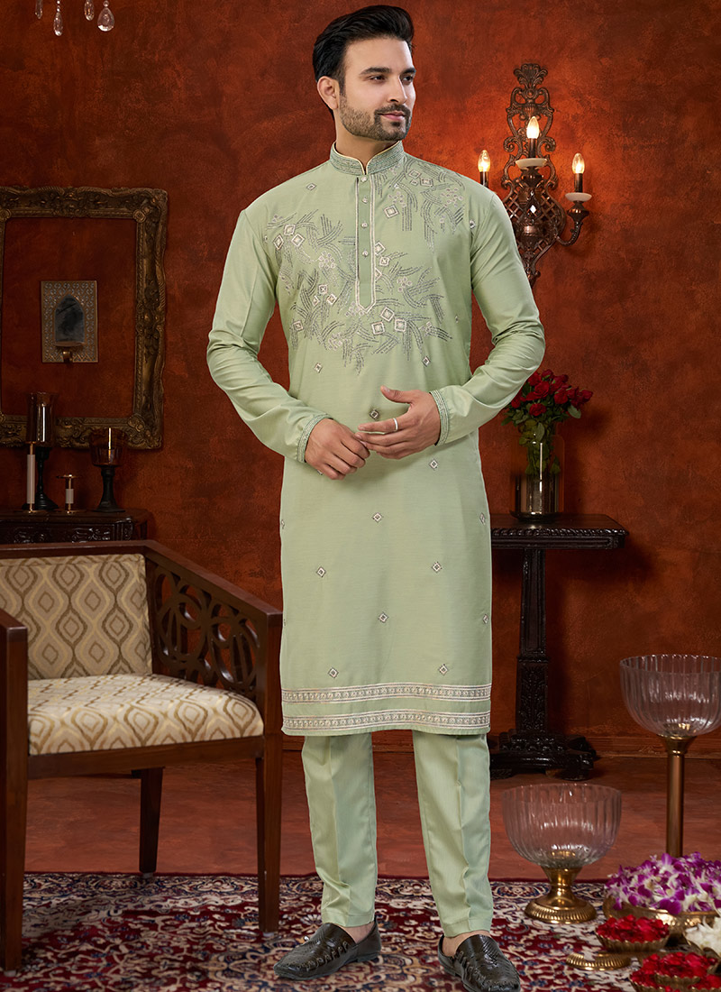 Graceful Pista Green Malai Silk Embroidered Sequins Thread Kurta Pyjama Festive Wear