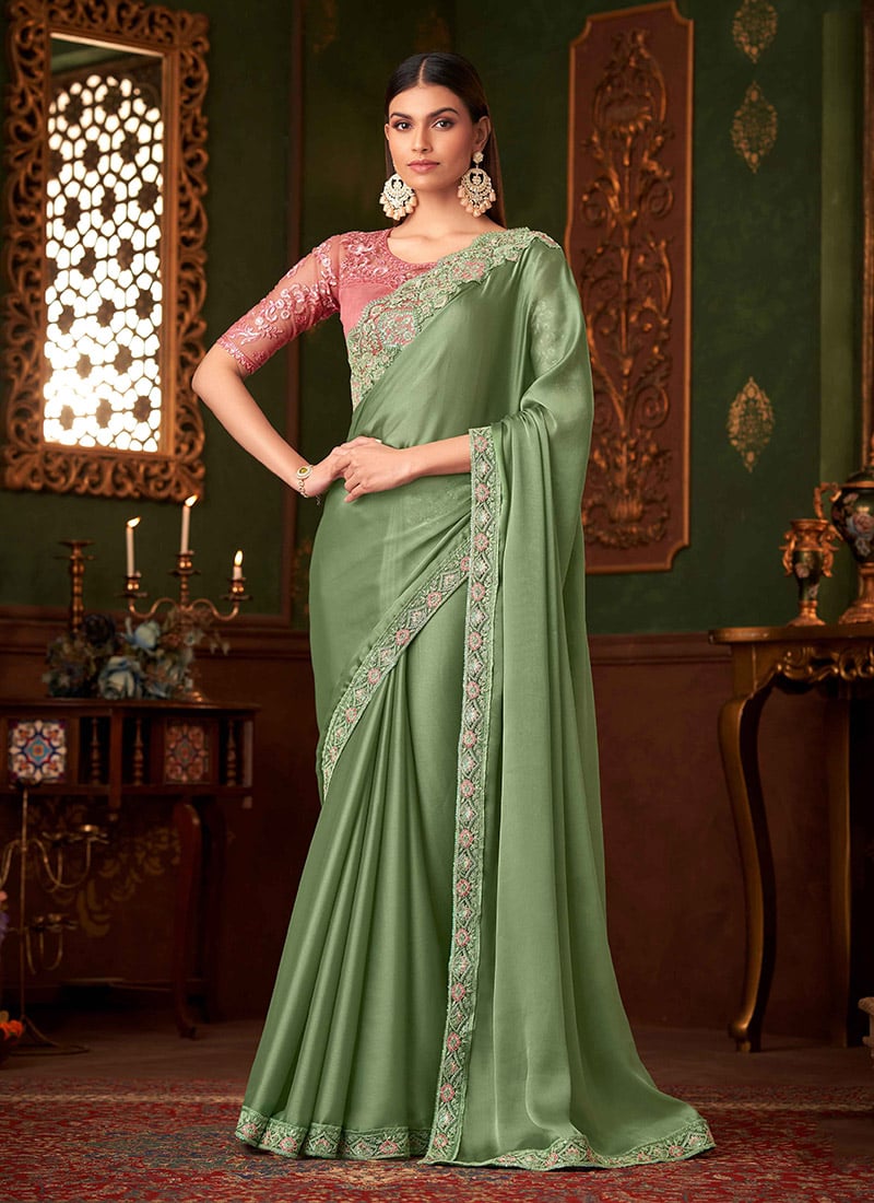 Graceful Pista Green Satin Zari Embroidered Sequins Saree Wedding Wear