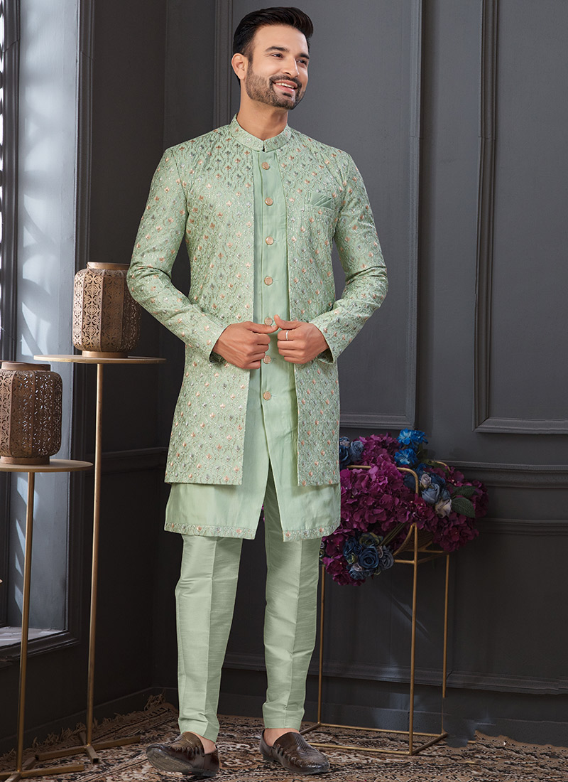 Graceful Pista Green Zari Jackard Malai Silk Stones Zari Indowestern Sherwani Wedding Wear