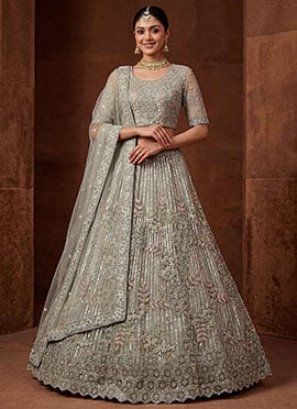 Graceful Pista Net Fancy Zari Dori Sequence Embroidery Work Umbrella Lehenga