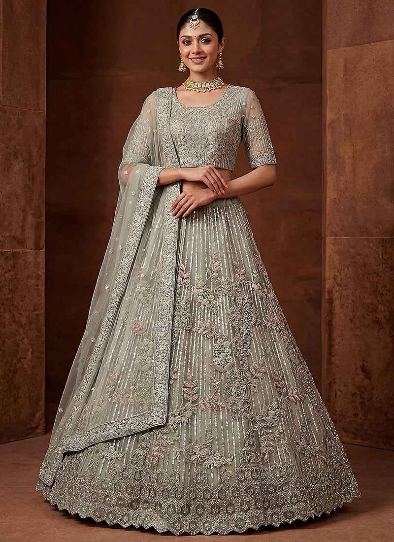 Graceful Pista Net Fancy Zari Dori Sequence Embroidery Work Umbrella Lehenga Wedding Wear