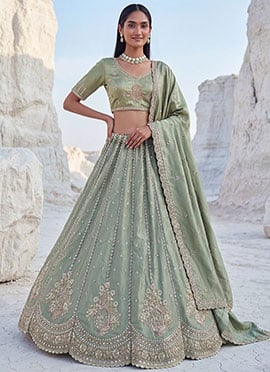 Graceful Pista Silk Embroidered Work Umbrella Lehenga